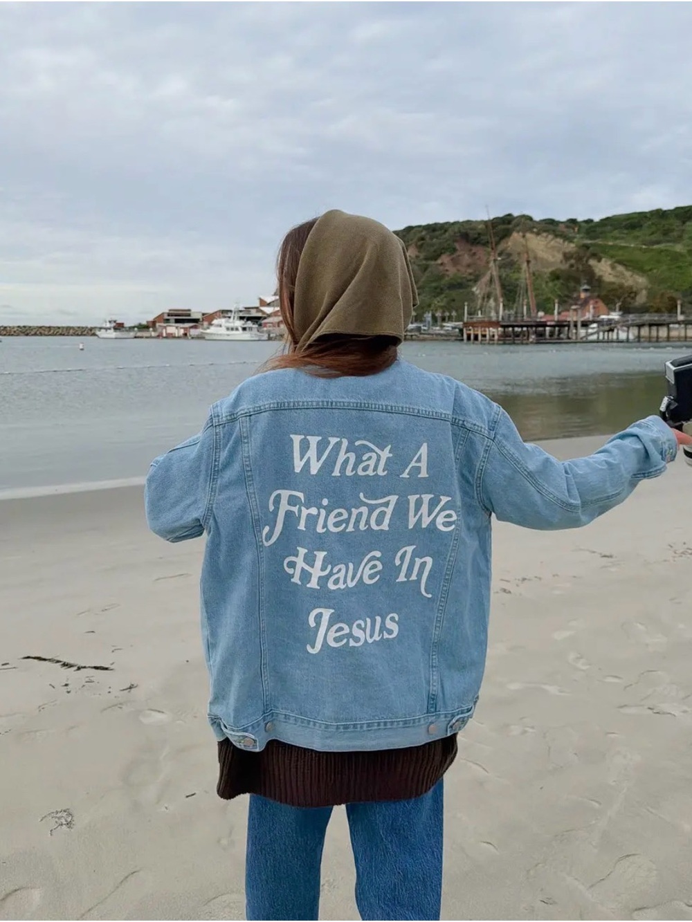 Elevated Faith Light Blue Denim Jacket with White Script - Casual Women's Jacket